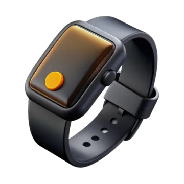 a black smart watch with an orange button