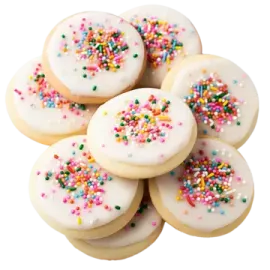 a pile of white frosted sugar cookies with spils