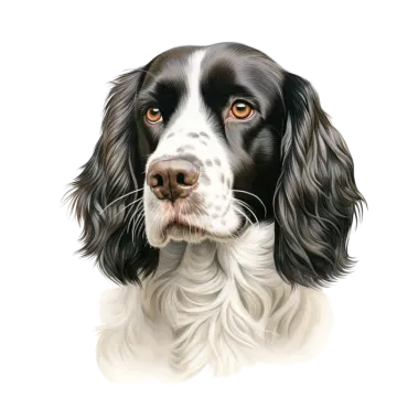 a black and white dog with brown eyes