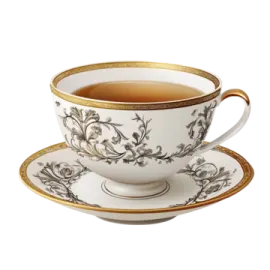 a cup and saucer with gold trimmings