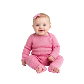 a baby sitting on the floor wearing a pink sweater