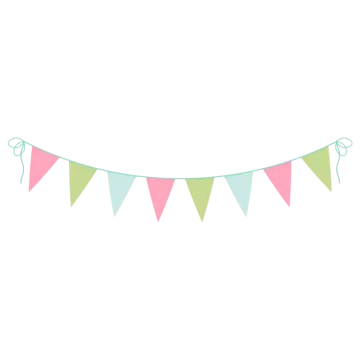 a pink, green and blue bunting banner on a white background