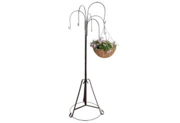 a plant stand with a basket on it