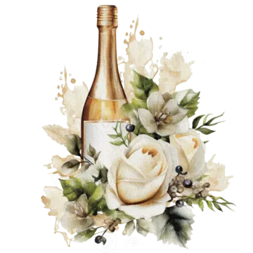a bottle of champagne with flowers and leaves