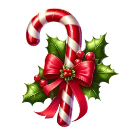 a candy cane with holly and red bow