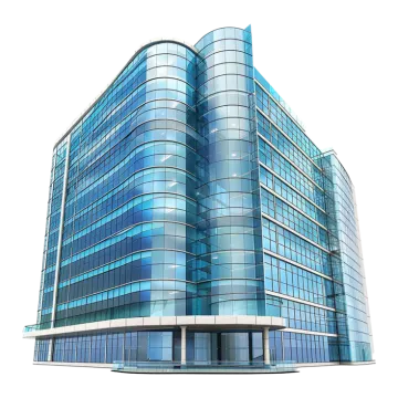 an office building with glass windows on a white background