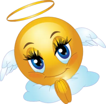 an angel smiley face with blue eyes and wings