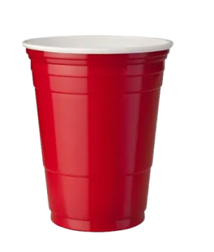 a red plastic cup with white lid