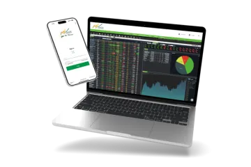 a laptop, phone and tablet with a chart on the screen