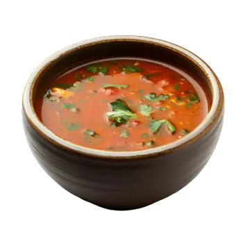 a bowl of soup on a white background