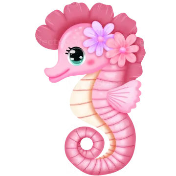 a pink seahorse with a flower in her hair