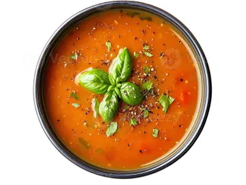 a bowl of tomato soup with basil on top