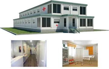two pictures of a hospital room and an office