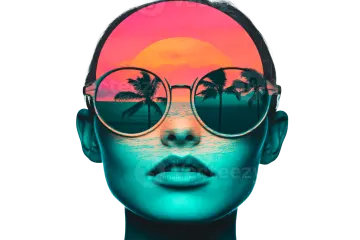 a man with sunglasses and palm trees in the background