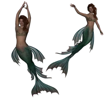 two mermaids, one in green and the other in black
