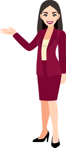 a woman in a business suit with her hand out