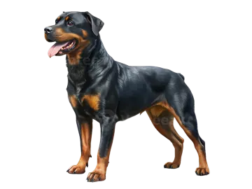 a black and brown dog standing on a white background