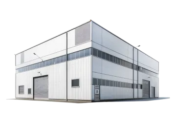 an industrial building with white walls and windows