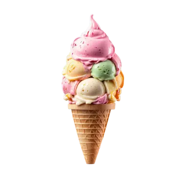 three scoops of ice cream in a cone on a white background