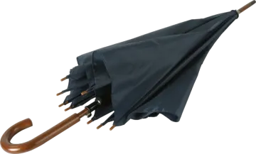 a black umbrella with wooden handle