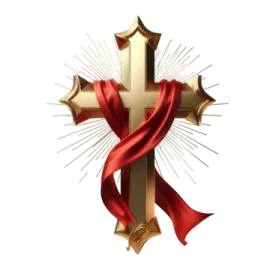 a cross with a red ribbon around it