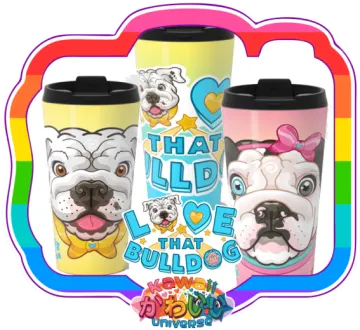 three colorful mugs with dogs and hearts on them
