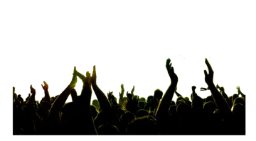 a crowd of people with their hands in the air