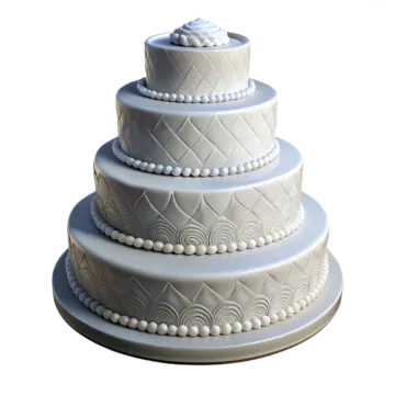 a white wedding cake with pearls on top