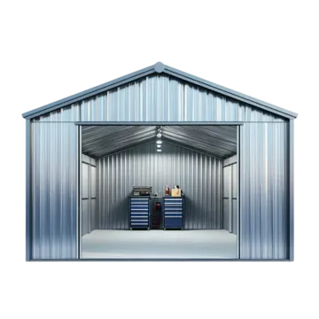 a metal garage with the door open