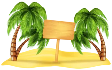 a palm tree with a wooden sign on the beach