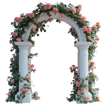 a white arch with pink roses on it