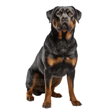 a black and brown dog sitting on a white background