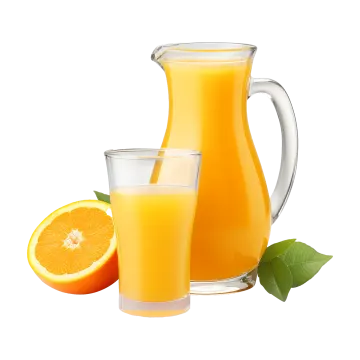 a pitcher of orange juice next to a glass