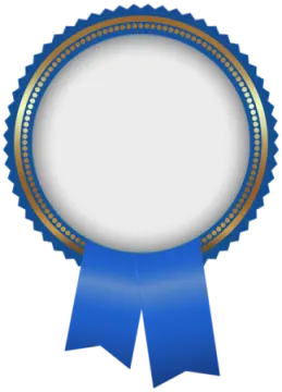 a blue and gold medal with a white background
