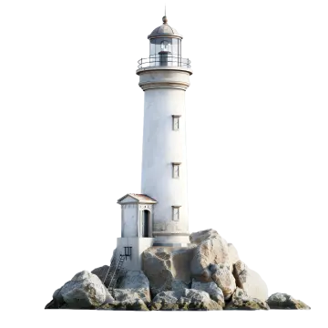 a white lighthouse on top of some rocks
