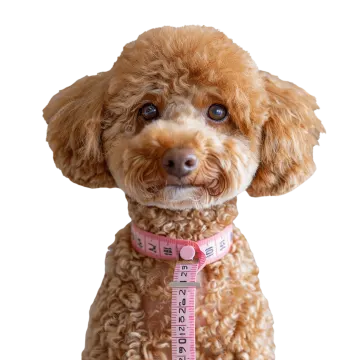 a dog with a measuring tape around its neck