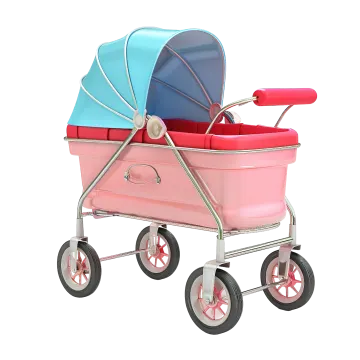 a pink and blue baby stroller on wheels
