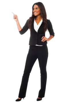 a woman in black pants and a white shirt