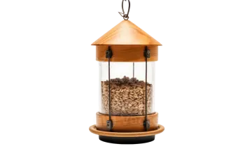 a bird feeder that is made from wood and glass