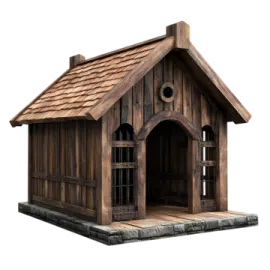 a wooden dog house on a white background