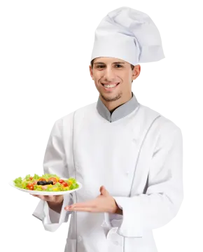 a man in a chef's uniform holding a plate of food