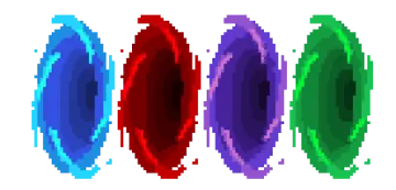 a set of three different colored surfboards
