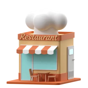 a small restaurant with a chef on top of it