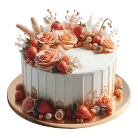 a white cake with flowers and berries on top