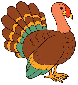 a cartoon turkey with orange and green feathers