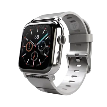 a silver apple watch on a white background