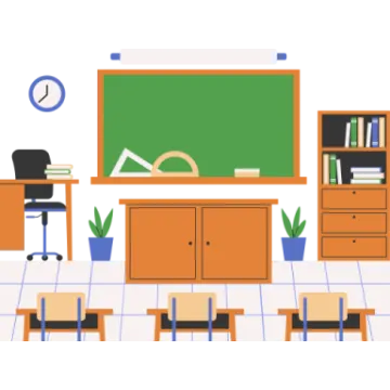 a classroom with desks, chairs and a chalk board