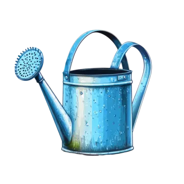 a blue watering watering with water droplets on it