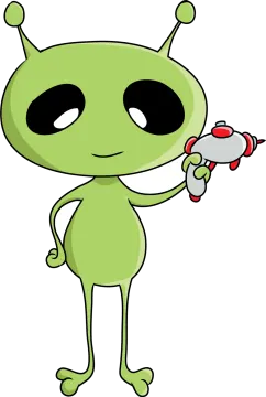 a green alien with a red heart in his hand