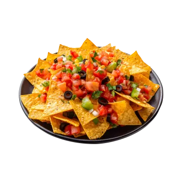 a plate of torta chips with tomatoes and black beans